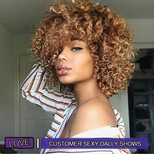 Women Short Wigs Afro Curly Wig With Bangs African Synthetic Ombre Brown Cap Inc